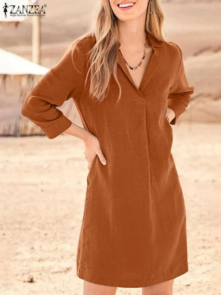 

Осенний сарафан ZANZEA до колена, повседневное элегантное платье, однотонное платье из чистого хлопка с воротником с лацканами и длинным рукав...