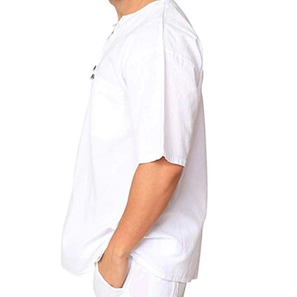 

T Shirt Men Stand Collar Front Lace Up Short Sleeve V Neck Slim T Shirt Streetwear For Daily Wear Solid Retro Casual Tops Tees