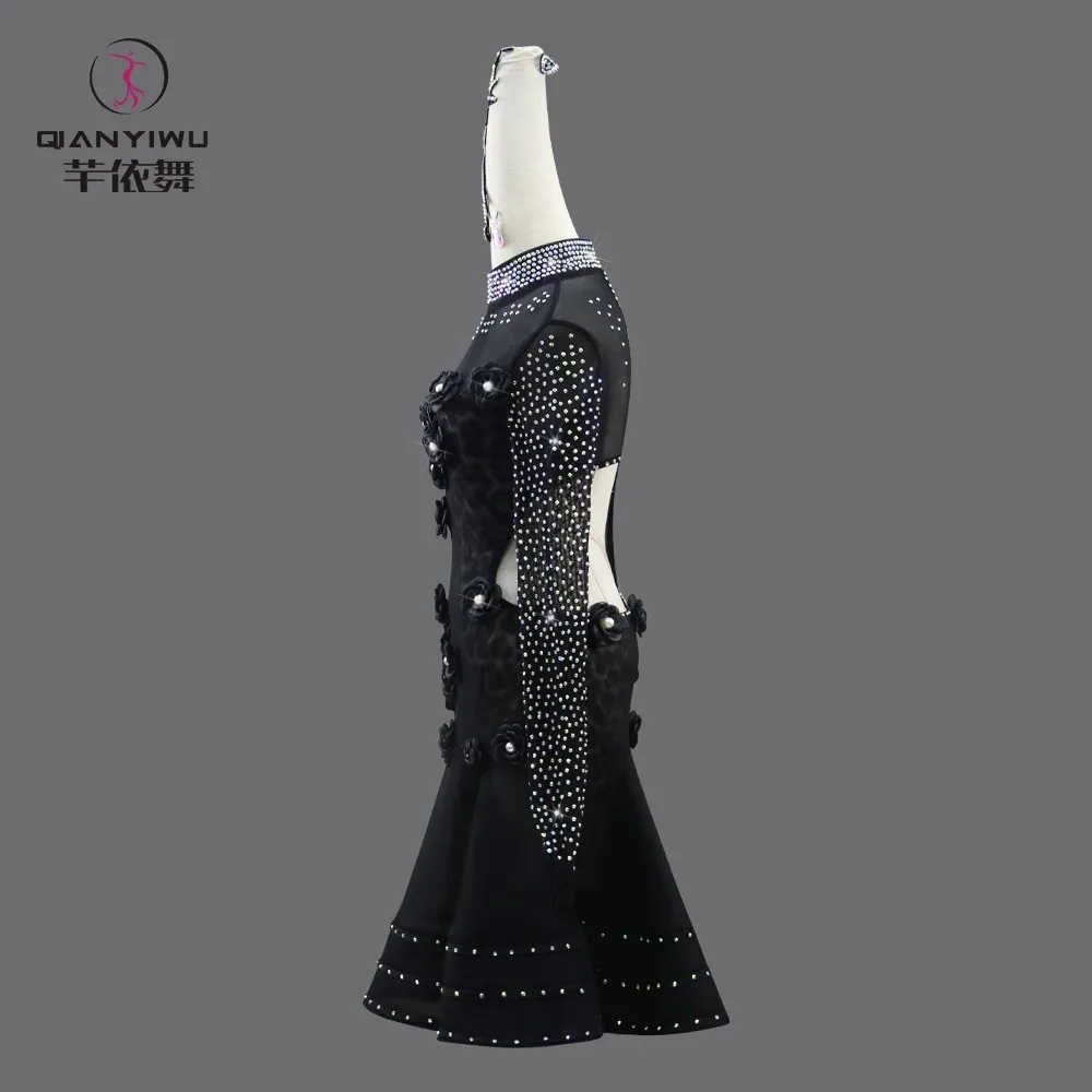 Черный сценический костюм платье для латиноамериканских танцев модель 2024 года
