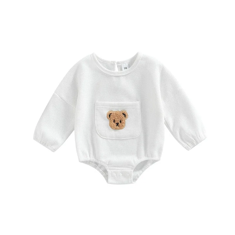 

Baby Cute Romper 0-24 Month Casual Long Sleeve Bear Embroidery Front Pocket Bodysuits for Newborn Casual Fall Clothing