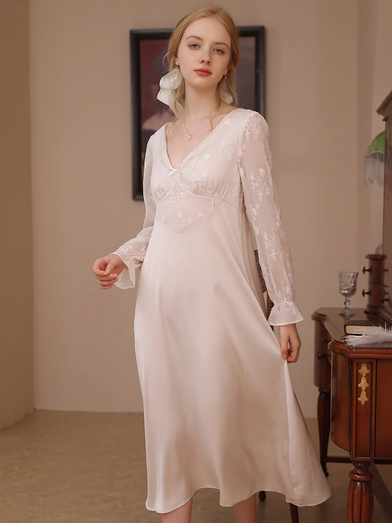 Women French Vinatge Night Dress Spring Autumn Long Princess Fairy Pajama Silk Relaxed Lace V-Neck Home Sleepwear Nightgowns