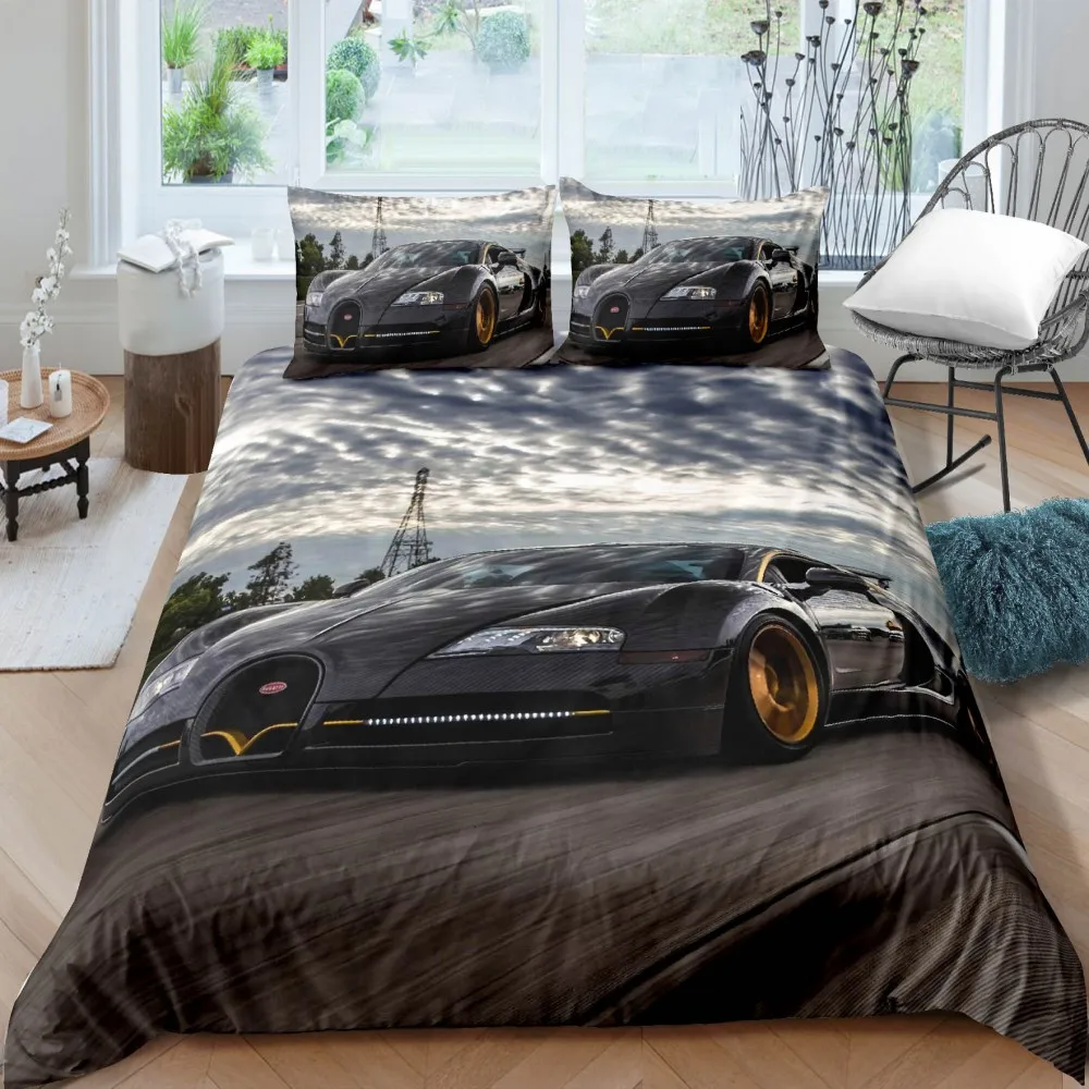 

Bedding Set Black White Racing Bike Polyester Luxurious Sports Car Duvet Cover With Pillowcase For Teens Adults Decor