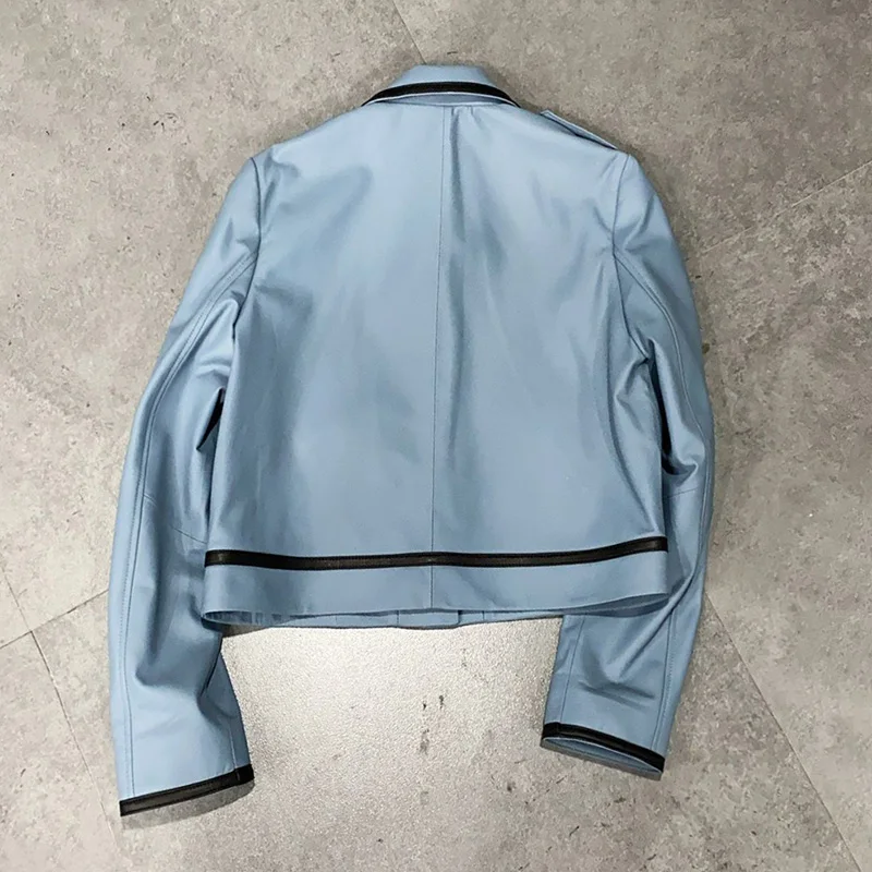 Women's Leather Jackets Crop Sheepskin Leather Coats Single-Breasted Button Motorcycle Biker Jackets 2022 New Autumn TF4801