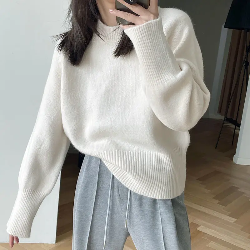 

2022 Autumn Winter Soft Top Women Fashion Casual Loose Long Sleeve O Neck Tops Pullovers Warm Sweaters Jumpers Ladies C105