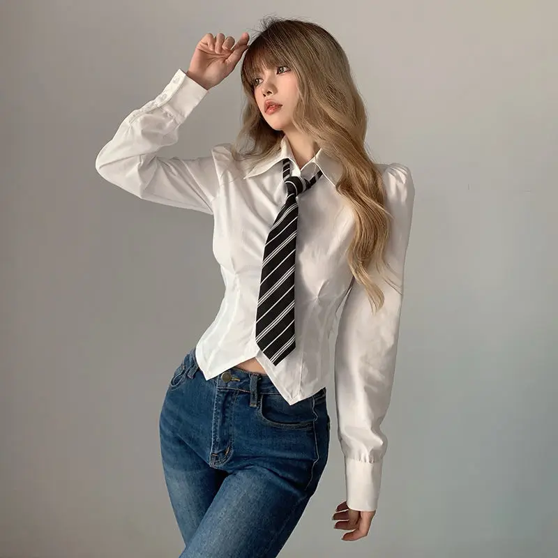 QWEEK Sexy Women Blouses Harajuku Preppy Style Korean Fashion Tunics Sweet Soft Girl Long Sleeve Tops White Shirt Slim Tie Trend