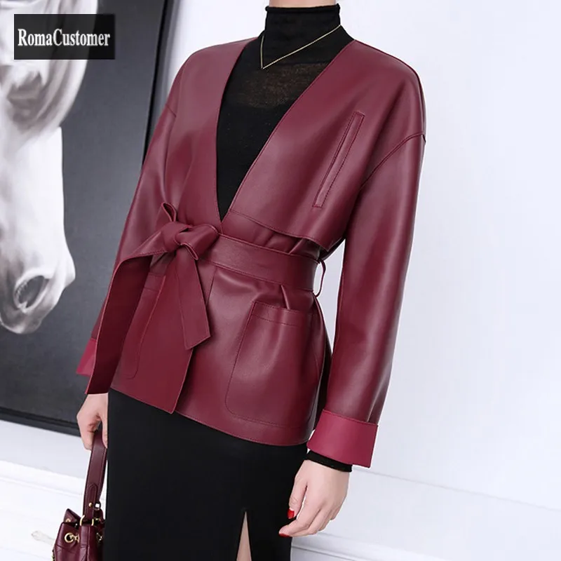 

Spring Autumn New V-Neck Japanese Style Jackets Sashes Bow Genuine Leather Sheepskin Casual Outerwear Elegant Womens Coat
