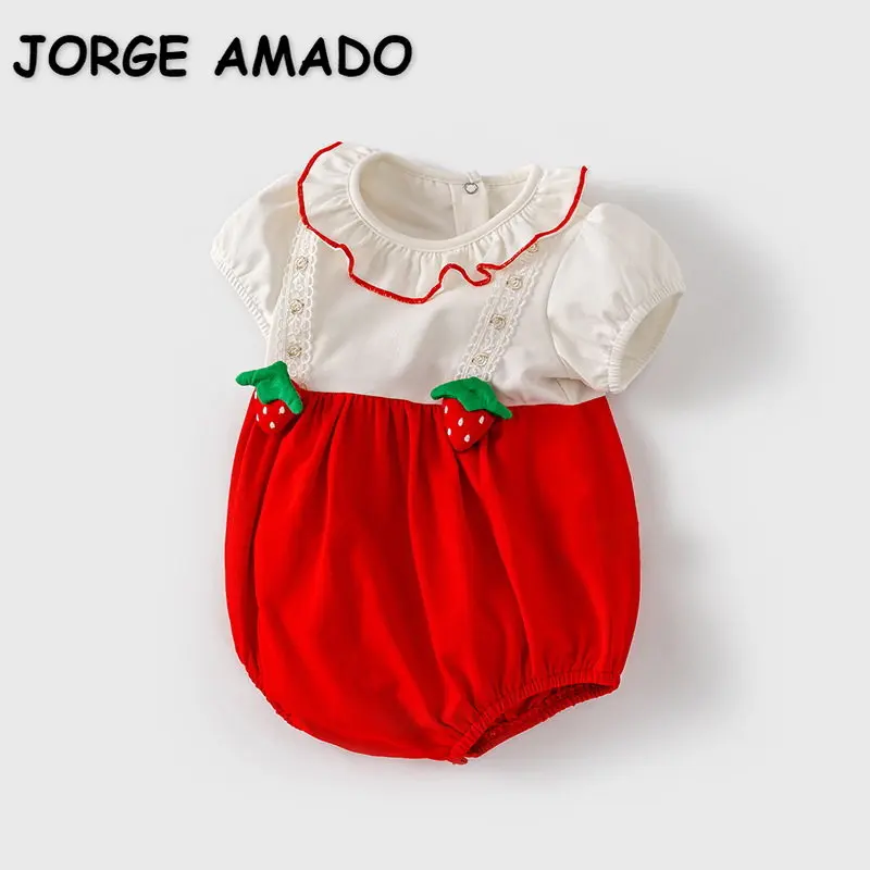 

Новое летнее боди для маленьких девочек, бело-красное лоскутное боди с отложным воротником и короткими рукавами, детская одежда для новорож...