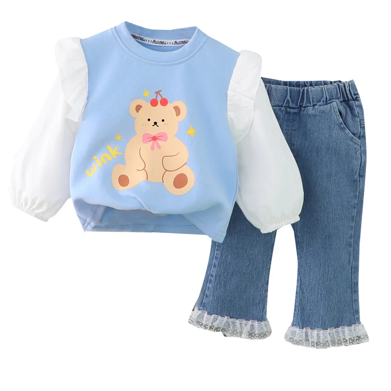 

2022 Autumn Baby Girls Clothing Sets Kids Clothes Outfits Infant Lace T Shirt Jeans 2 Pcs Suit Cartoon Bear Children Sportswear
