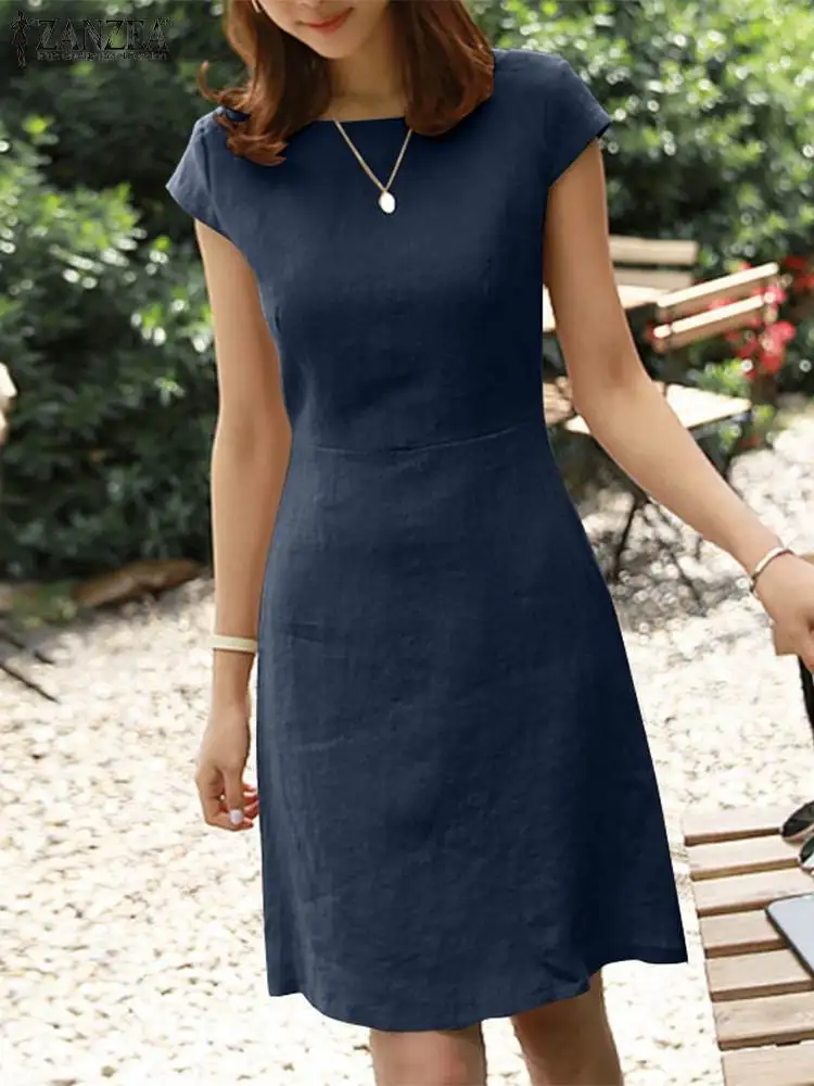 

ZANZEA Women Elegant Short Sleeve OL Work Dress Summer Sundress Fashion Solid Party Holiday Knee-length Vestido Robe Femme 2023