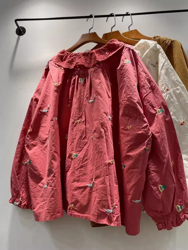 Одежда Mori kei японский бренд кружевной воротник вышивка рубашки и блузки с длинным