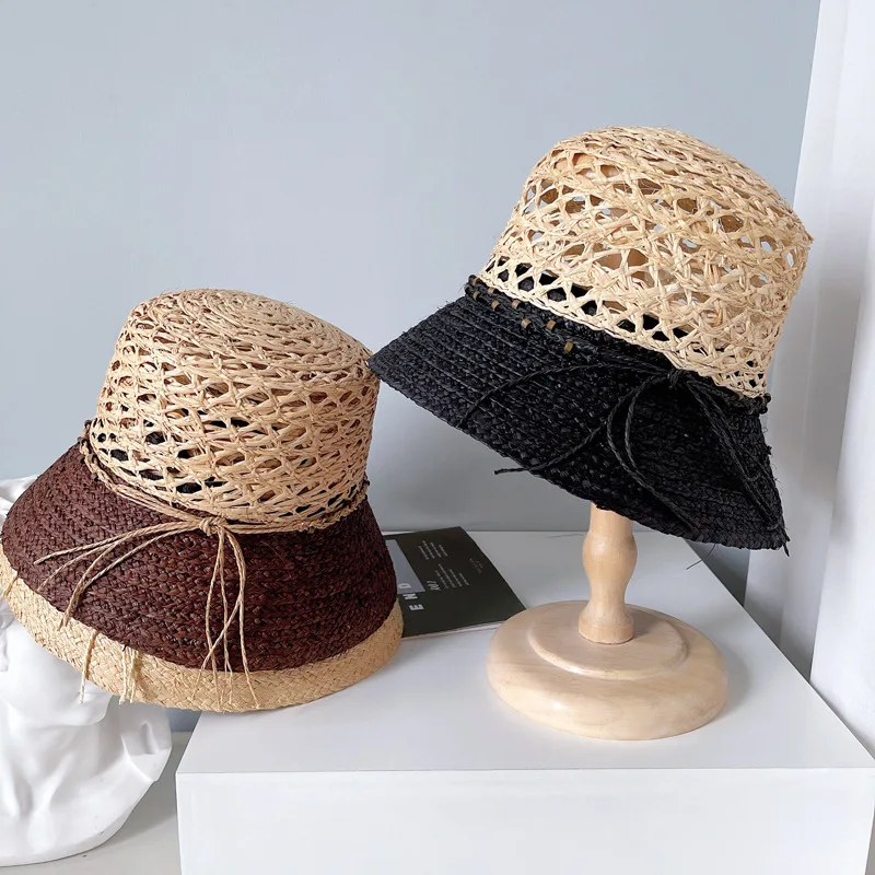 

Japanese Hand-made Raffia Straw Hat Sun Bucket Hat Female Summer Hollow Top Straw Hat Simple Stitching Pot Hat Seaside Beach Hat