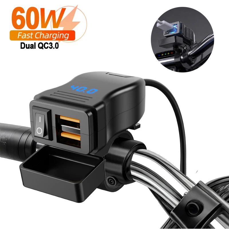 Фото Двойное зарядное устройство USB QC3.0 мощностью 60 Вт для мотоцикла, USB-разъем для руля с переключателем, вольтметр, водонепроницаемый адаптер питания 12-40 В №1