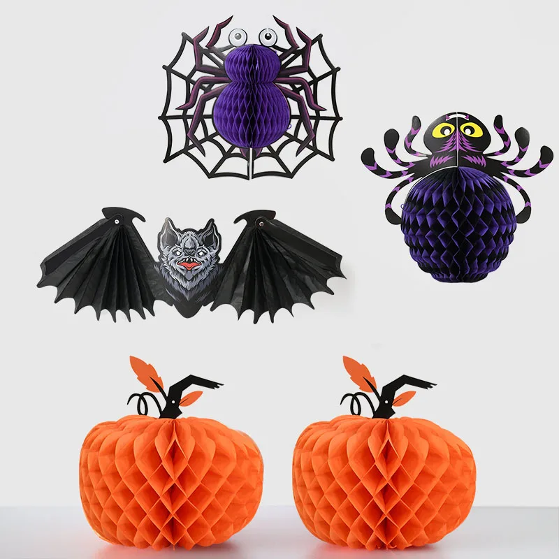 

1pc Halloween Honeycomb Pumpkin Spider Bat Pendant Ornament Party Home Room Door Window Wall Cute 3D Hanging Decoration Supplies