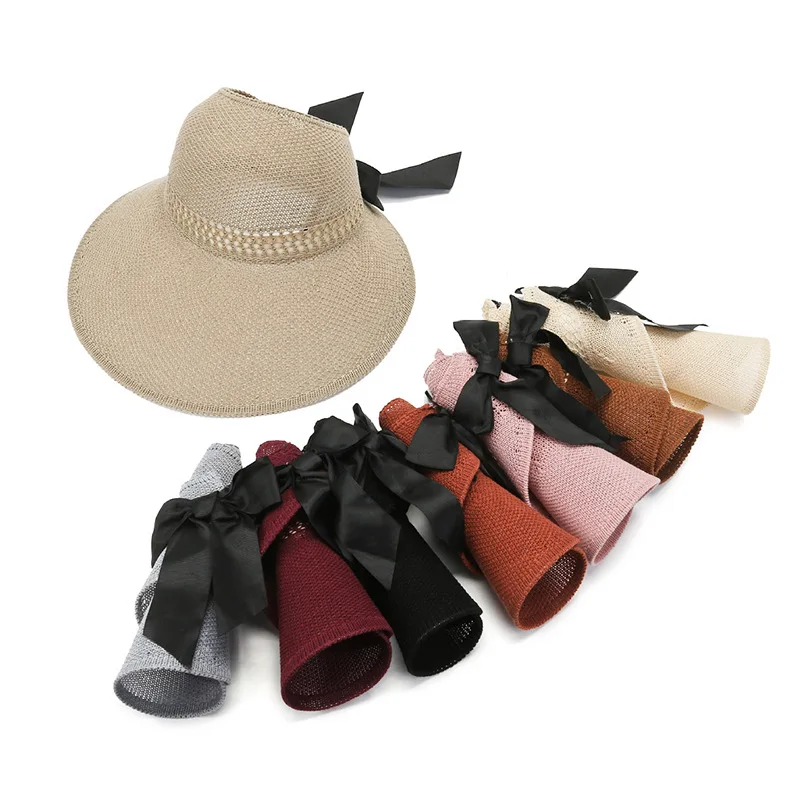 

Sunscreen big brim sun hats for women folding straw hat women summer foldable bow empty top sun caps holiday beach hats