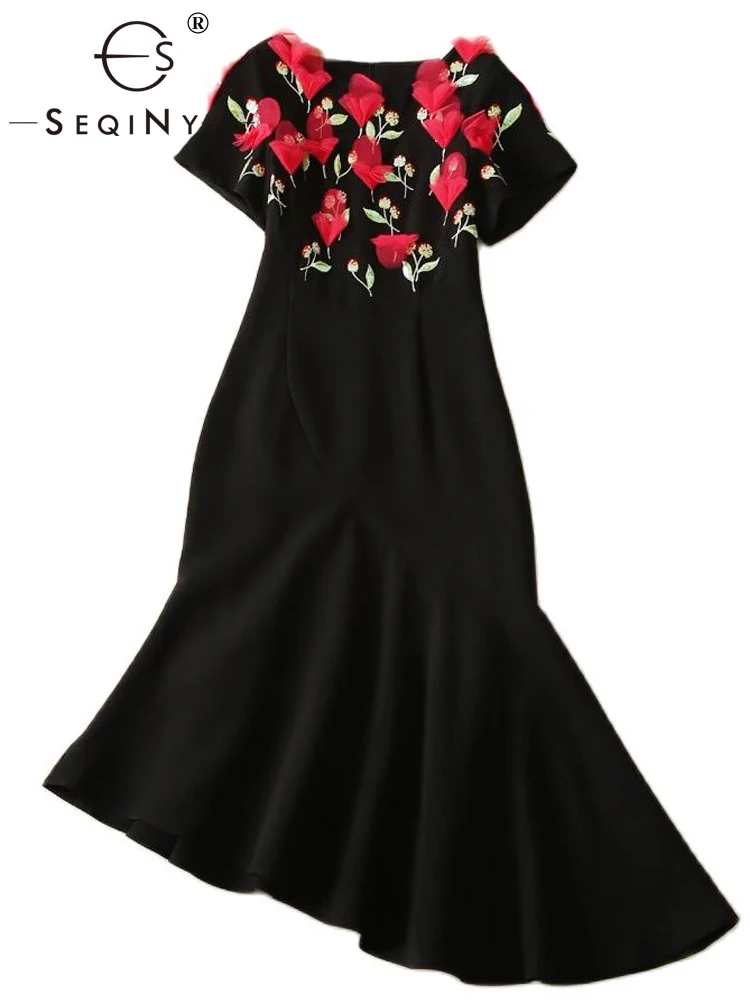 

SEQINYY Black Midi Dress Summer Spring New Fashion Design Women Runway High Street Red Flower Appliques Embroidery Sequins