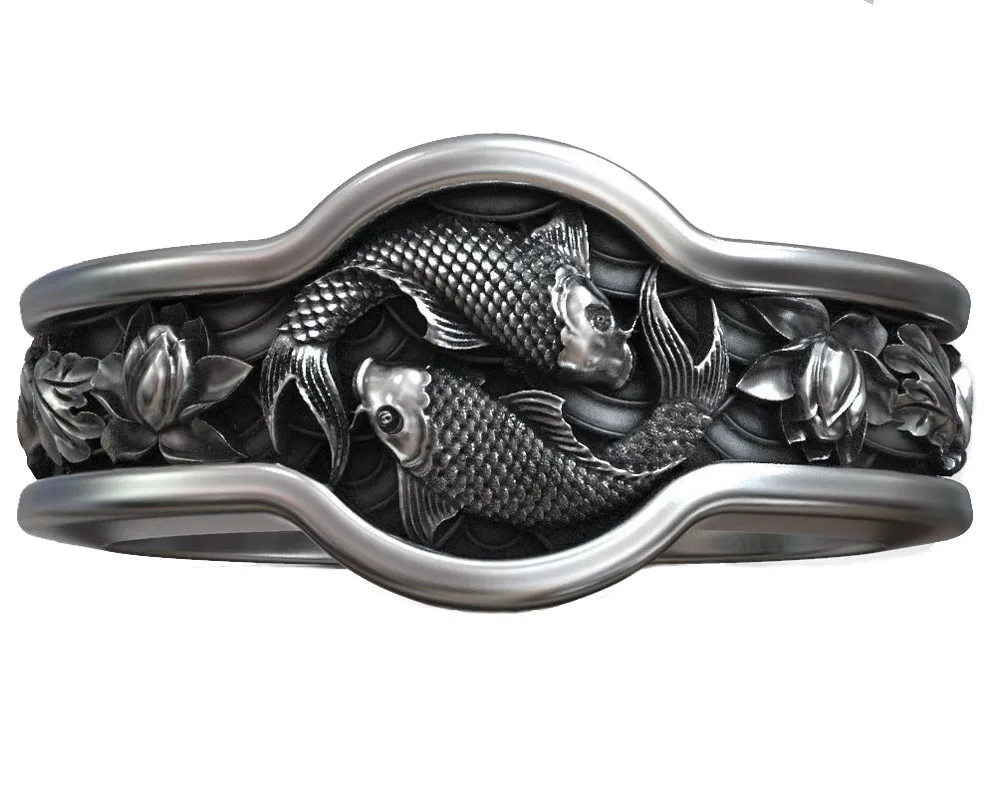 

Yin Yang Carp Koi Fish Japanese Ornament 925 Solid Sterling Silver Ring