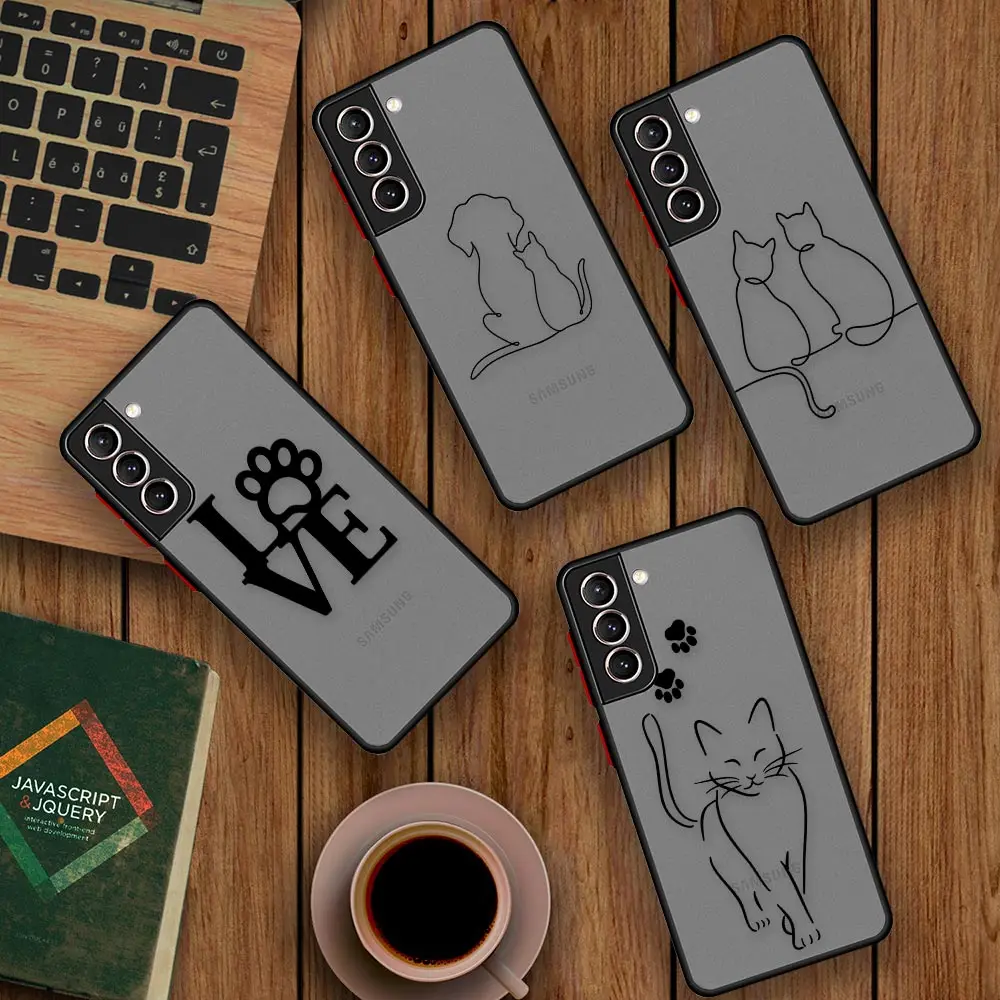 

Love Line Art Dog Cat Animal Shockproof Armor Case For Samsung S22 Ultra S21 S20 FE S10 Lite S9 S8 S22 Plus 5G Hard Matte Cover