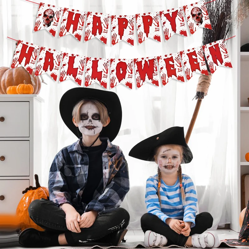 Баннер на Хэллоуин Кровавая рука нога череп скелет бумажный баннер пила Череп