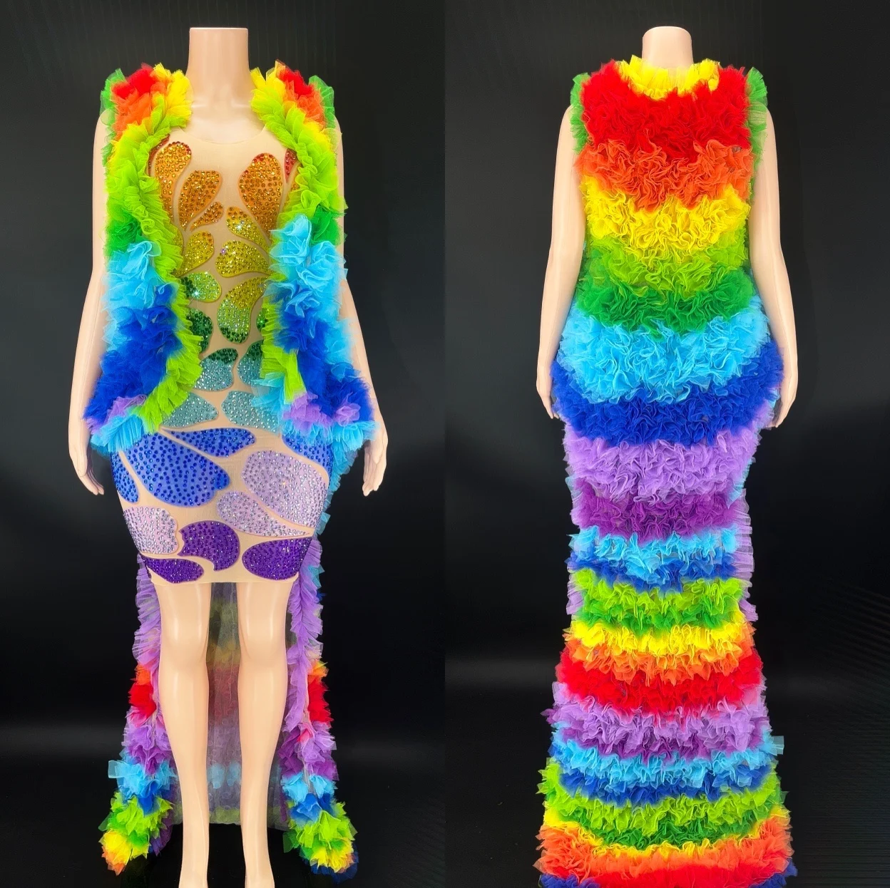 

Rainbow Mesh Coat Singer Stage Costume Drag Queen Show Costume Birthday Party Rave Festival Clothing Gogo Dancewear VDB5614
