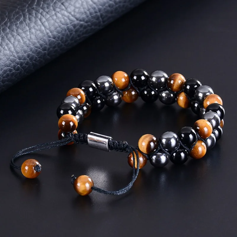 Фэн-шуй подарок тигровый глаз черный агат двойной браслет для мужчин и женщин