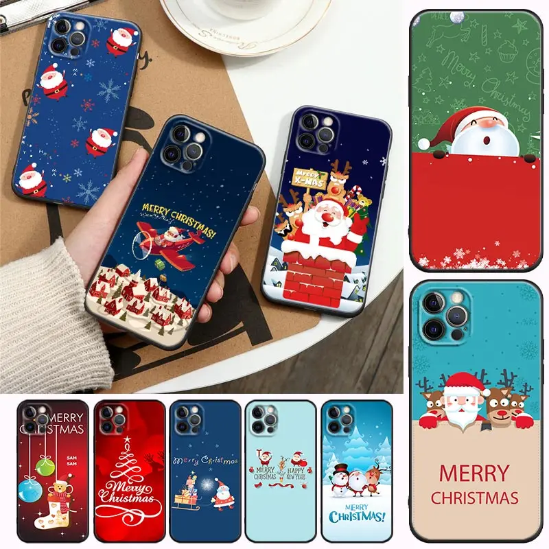 

Merry Christmas Santa Claus Elk Snow Phone Case for iPhone14 13 12 11 Pro Max 8 7 SE XR XS Plus Black Soft Silicon Cover Fundas