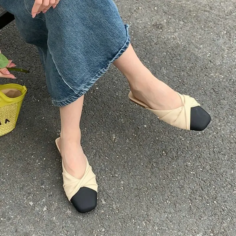 Women Slippers 2023 Fashion Gentle Pleated Lazy Square Toed Flat Mixed Colors Casual Slides Summer Shoes Female Zapatos Para