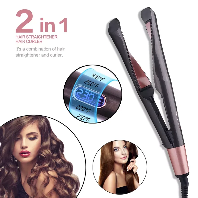 

NEW2023 Hair Curler 2 in 1 Hair Straightener and Hair Curling Irons 3D Concave Convex Plate Dual Voltage Professional Flat Iron