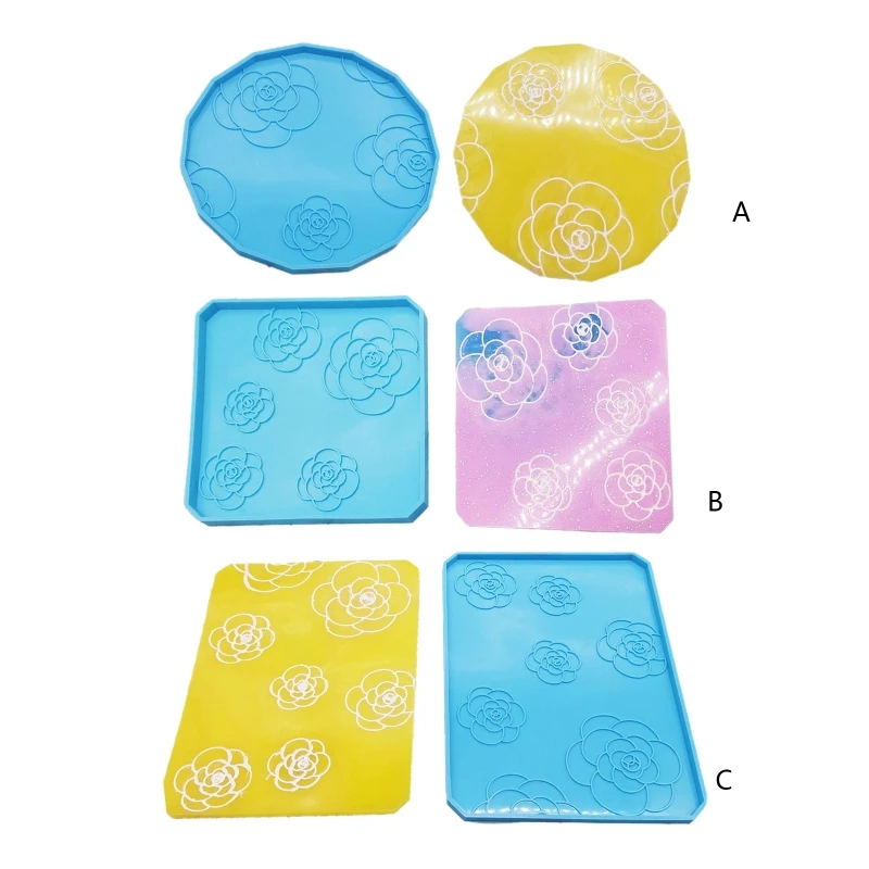 

Квадратная искусственная силиконовая форма, форма для подставки с камеллийским узором, формы для литья в виде подноса чашки для изготовлен...