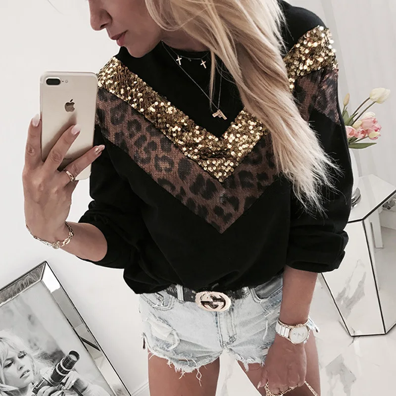 Блузка женская леопардовая с блестками Модный пуловер длинным рукавом пикантный