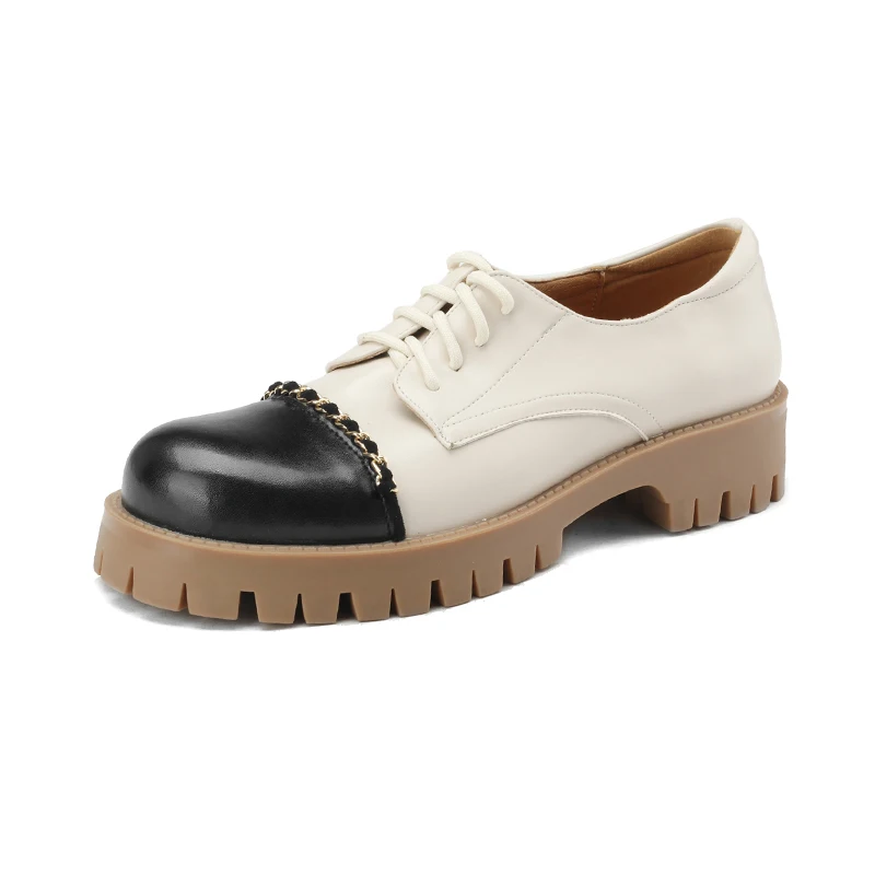 

2023 Fashion Spring Oxford Woman Lace-up Round Toe Loafers PU Leather Derby Shoes New British Women Thick Mid Heels Shoes 33 41