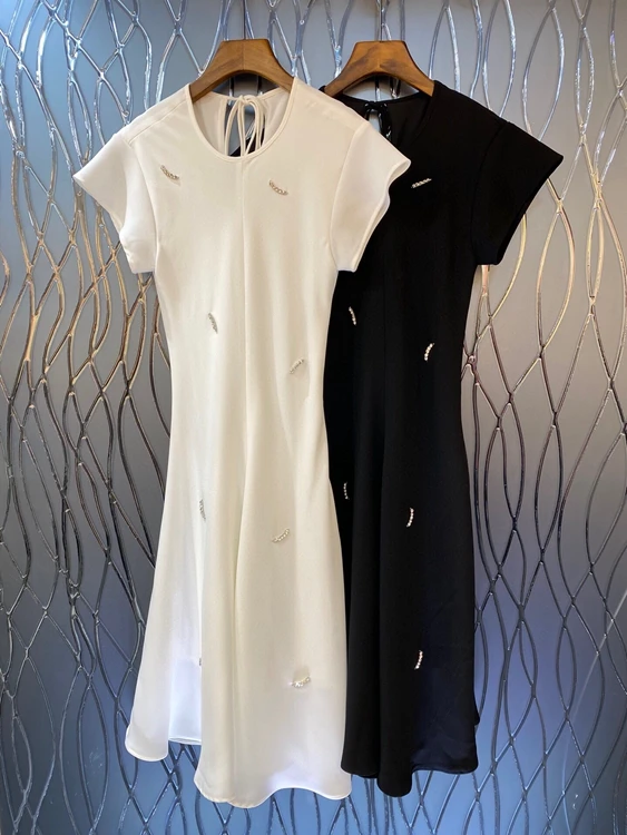 

2022 new women fashion short-sleeved round neck back strap beaded waist A-line long skirt dress 515