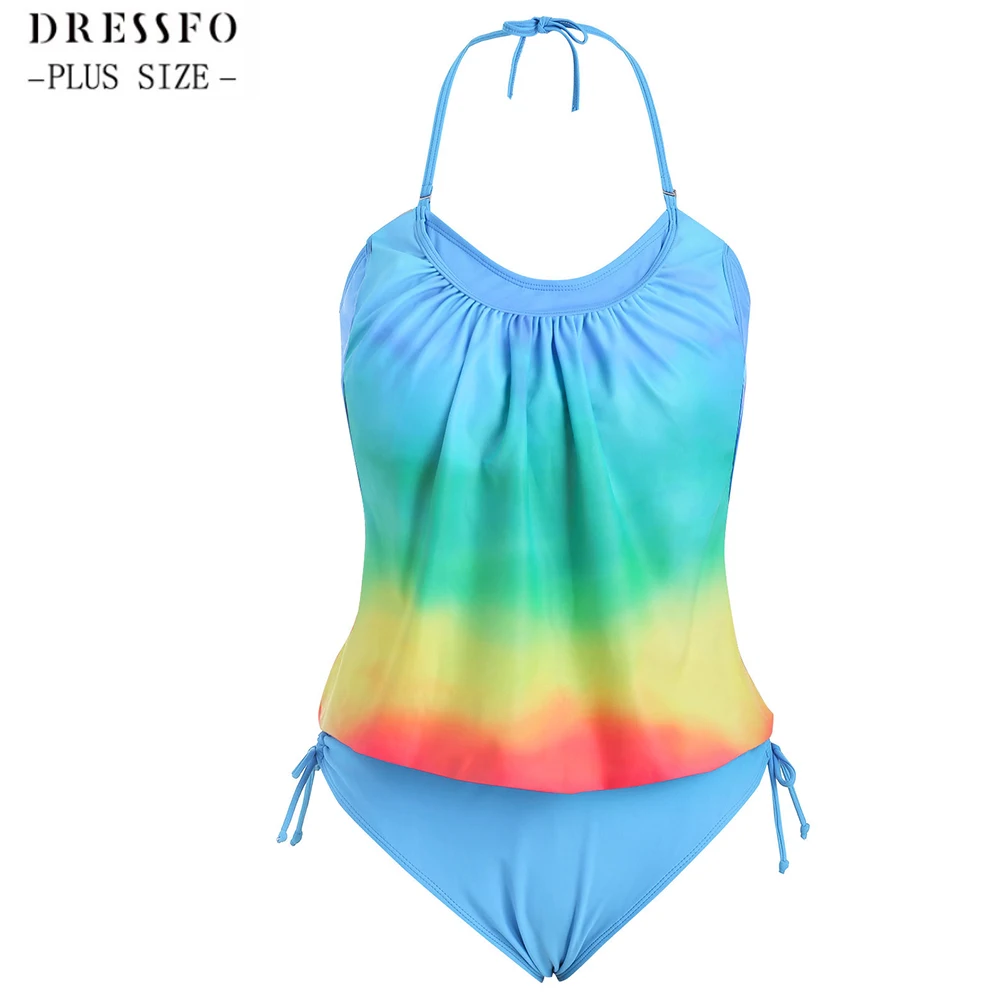

Dressfo Plus Size Vacation Ombre Halter Swimsuit Cinched Ruched Modest Summer Tankini Swimwear Women Classic High Waist Halter