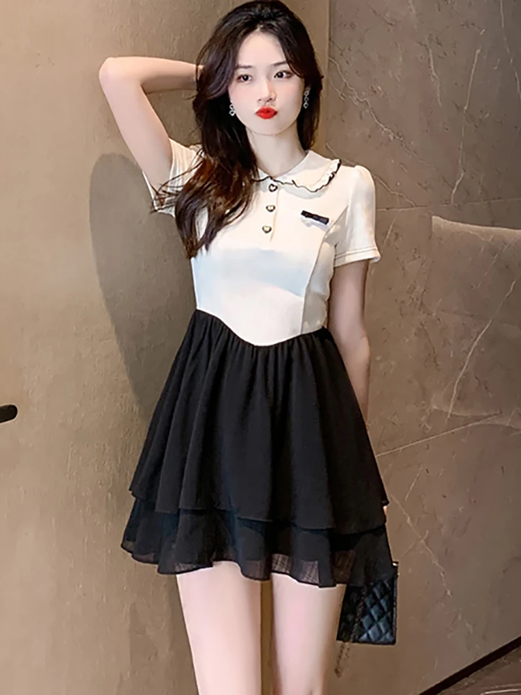 

2023 Black Patchwork Chic Short Dress Summer Short Sleeve Doll Collar Ruffled Dress Women Korean Fashion Elegant Casual Vestidos