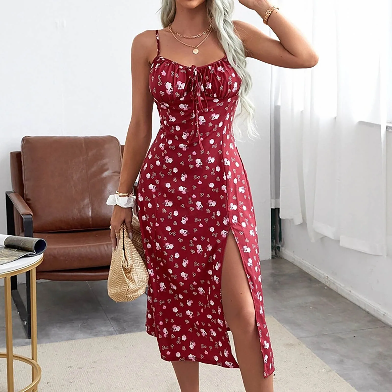 

2023 Sleeveless Floral Satin Slip Floral Ruched Bandage Cut Out Maxi Dress Summer Women Fashion Sexy Party Club Robe Kpytomoa