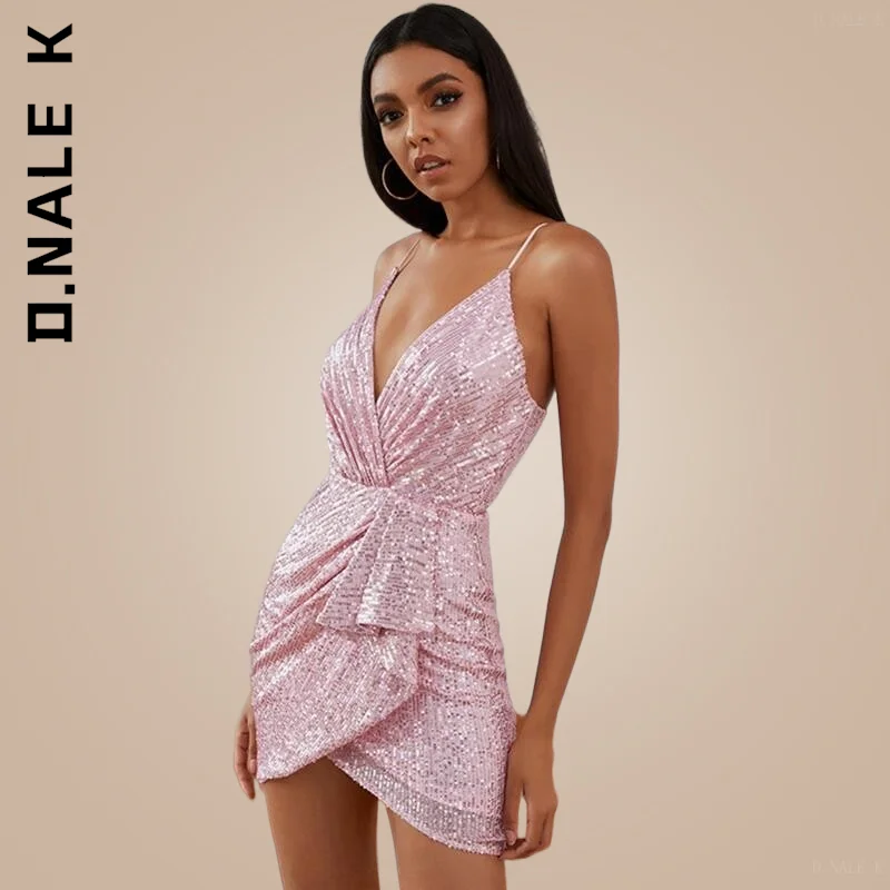 

D.Nale K Spaghetti straps Pink dress Woman Sequined Backless Dress Off Shoulder Mini Dress Christmas Party Club V Neck Dresses