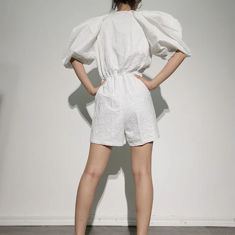Women's Bishop Sleeve High Waisted Buttoned Rompers - Round-Neck, Loose Fit, White