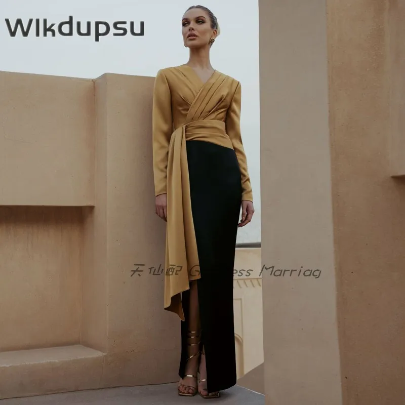 

Luxury Long Sleeve Muslim Evening Dresses Women Arabic Dubai Prom Formal Party Gowns V Neck Robe De Soiree Moroccan Caftan Dress