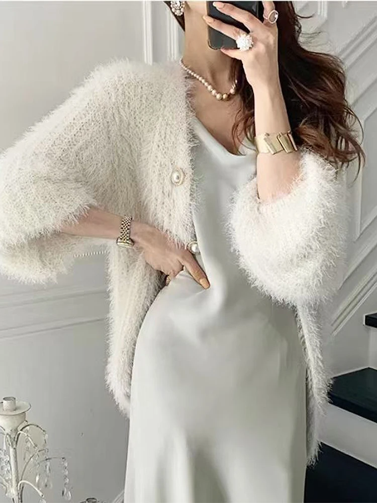 

BETHQUENOY Winter Clothes Women 2022 Faux Pearl Buttons Mohair Cardigans Coats Woman Long Sleeve Casual Loose Cardigan