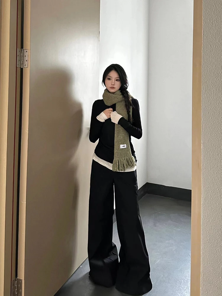 Женская рубашка с длинным рукавом черная Облегающая имитацией двух предметов