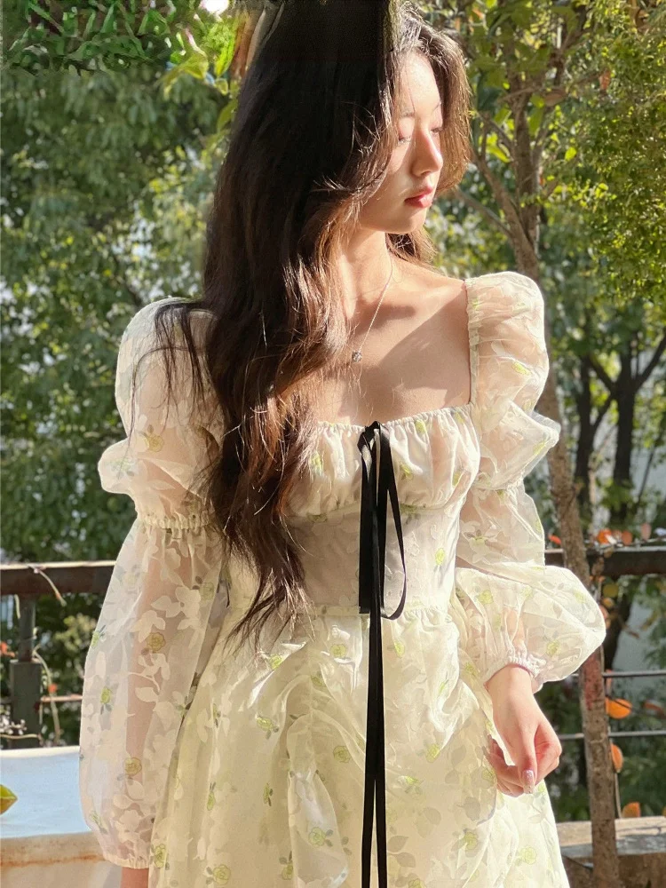 

Женское винтажное платье с цветочным принтом, повседневное праздничное платье с длинным рукавом в Корейском стиле, вечернее пикантное мини...