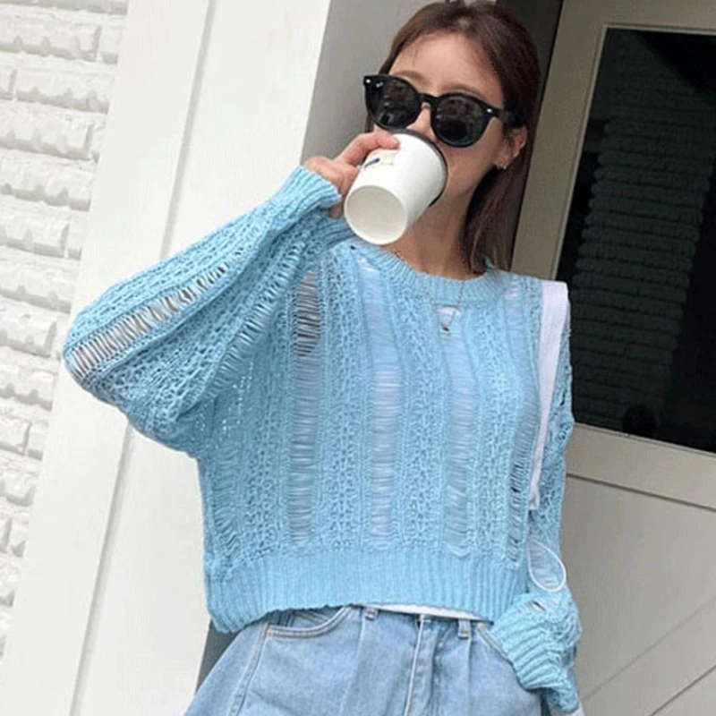 Autumn New Korean Style Long-sleeved Sexy Hole blue Sweater Loose Pullover Hollow Out Thin Knit Sweater Jumper Tops