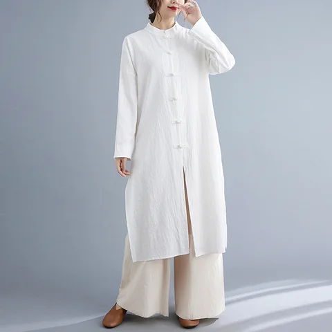 Традиционная китайская одежда для женщин, весна-осень, хлопковый однобортный Свободный Топ с длинным рукавом, чайная одежда для медитации