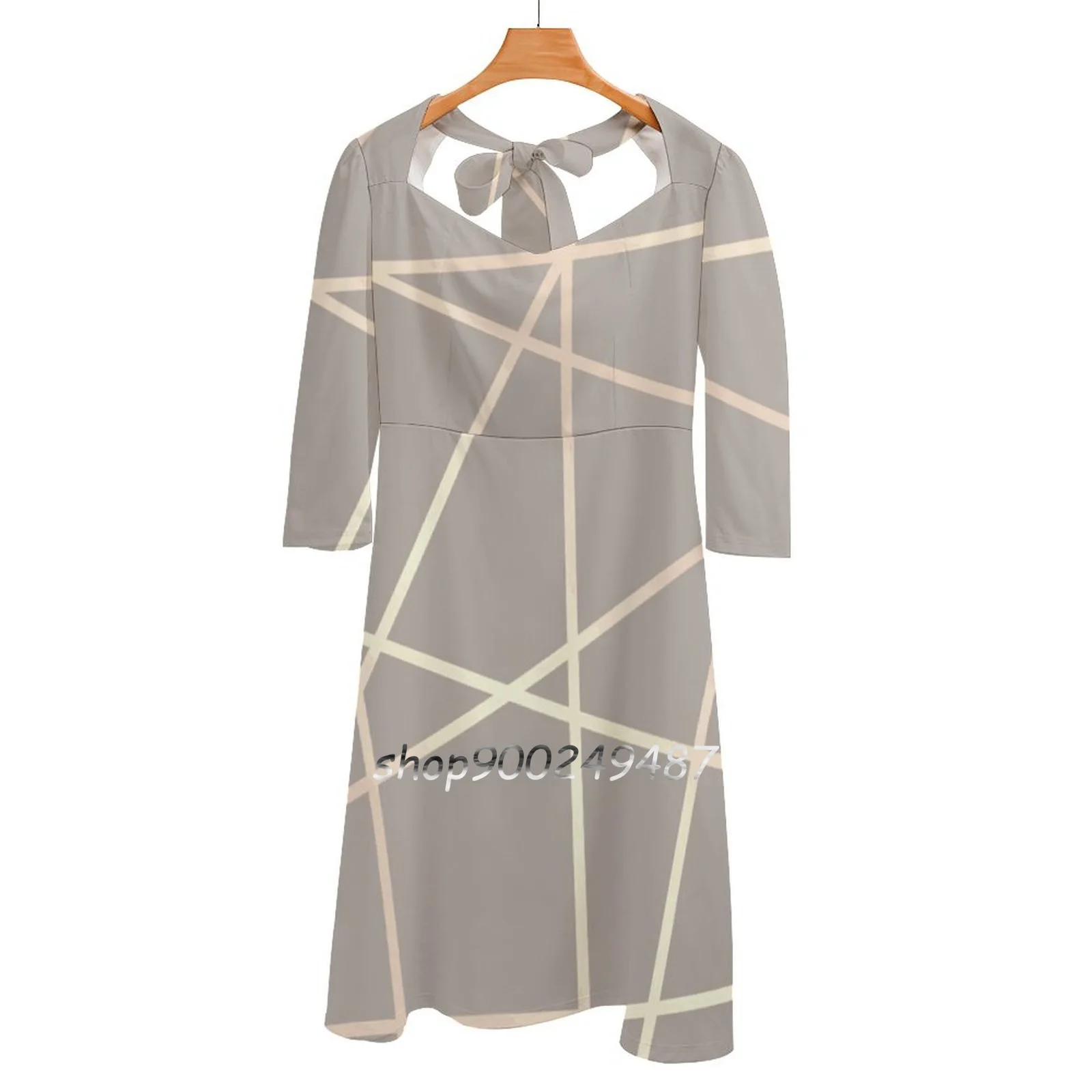 

Elegant Rose Gold Geometric Pattern Flare Dress Square Neck Dress Elegant Female Fashion Printed Dress Grey Rose Gold Foil Pink