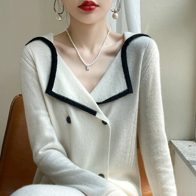 

Женский шерстяной костюм из двух предметов, повседневный вязаный кардиган с воротником и широкими штанинами, Осень-Зима 100%