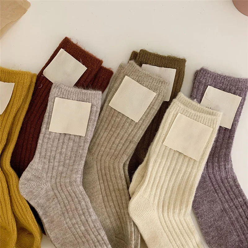

15% Cashmere Socks Women Autumn Winter Korean Style Mid Tube Pure Color Thickening Keep Warm Knit Socks Ins Sleep Floor Sox