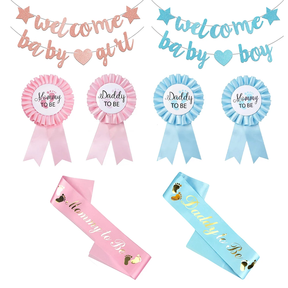 

Baby Shower Decoration Mommy To Be & Dad To Be Pink /Blue Badge Shoulder Strap Sash Set Baby Gender Reveal DIY Party Supplies