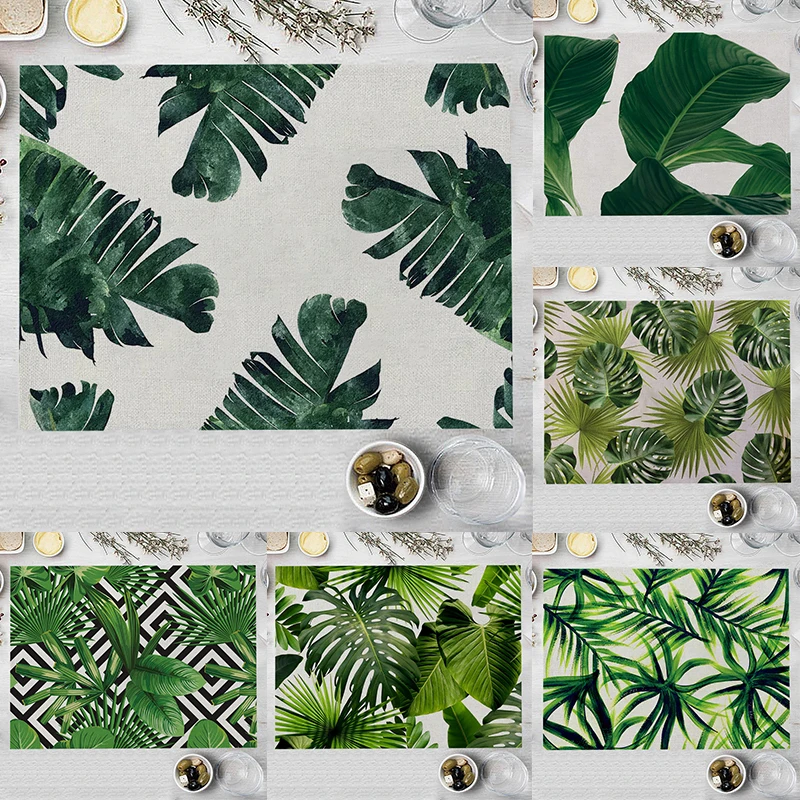 

32x42cm Tropical Plant Cotton Linen Kitchen Placemat Green Leaves Dining Table Mats Cups Bowls Coffee Mat Coaster Pad Home Decor