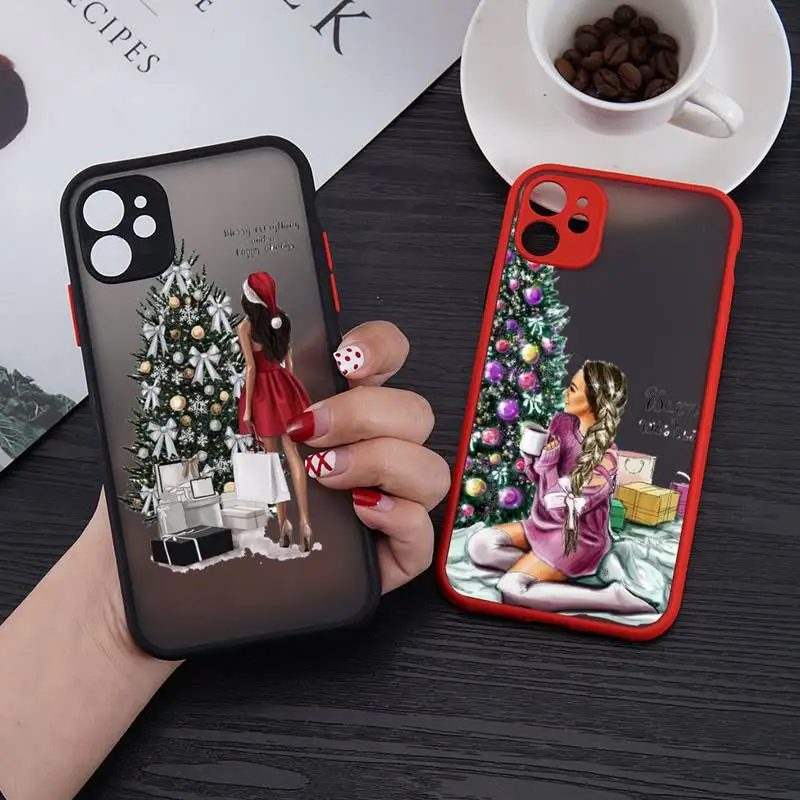 

Merry Christmas tree Brown Hair Girl Phone Case matte transparent For iphone 11 12 13 6 s 7 8 plus mini x xs xr pro max cover