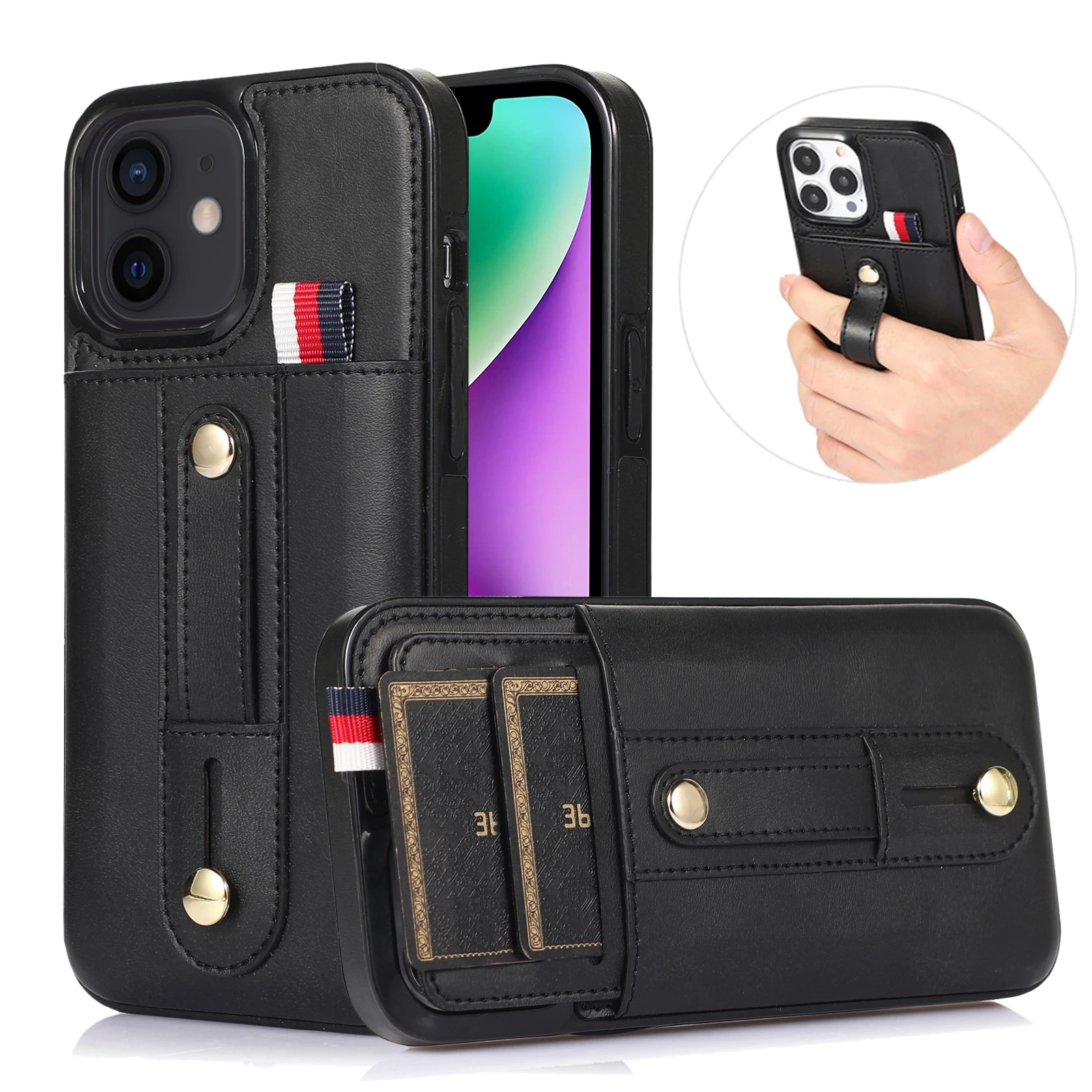 

Creative Finger Ring Buckle Luxury Leather Phone Case For iPhone 7 8 Plus X Xr 11 12 13 Mini 14 Pro Max With Multi Card Holder