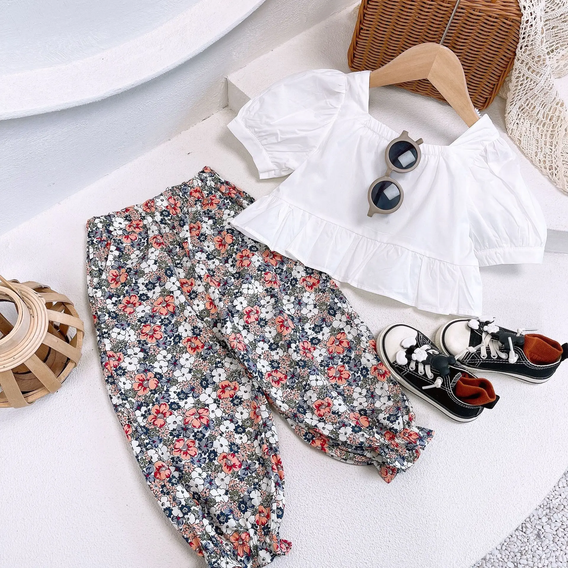 

Children's Sets Summer Toddler Puff Sleeve Top Floral Pants Girls Sweet Sets Anti-mosquito Bites Baby Kids Beach Vacation Girl